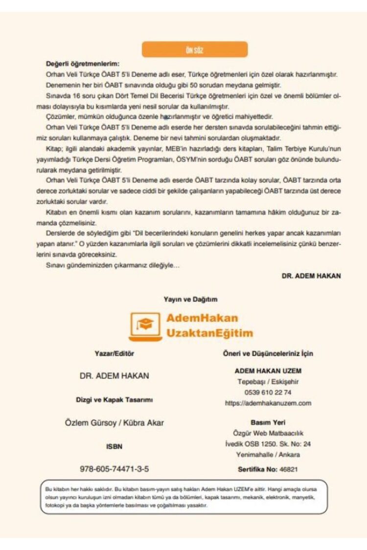 2025 Meb Ags ÖABT Orhan Veli Türkçe Öğretmenliği Dijital Çözümlü 5 Deneme Adem Hakan - Görsel 2